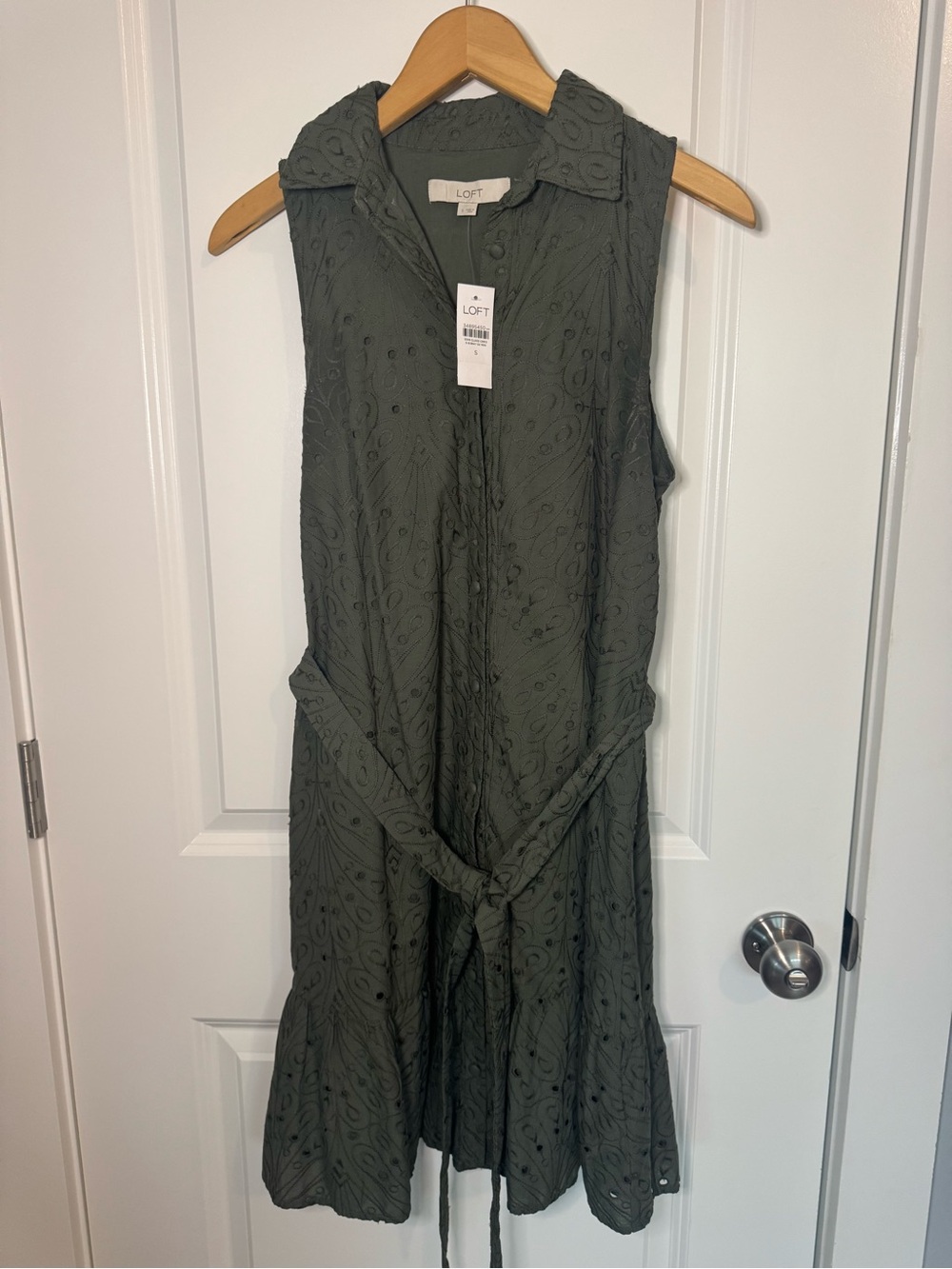 LOFT Olive Eyelet Sleeveless Midi Dress with Tie Waist